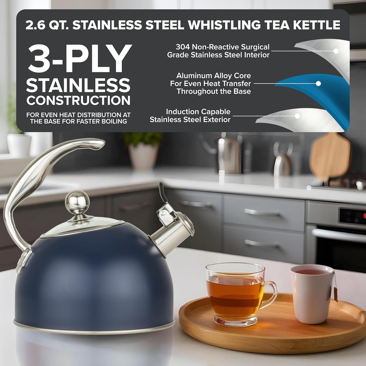 Viking 3-Ply Stainless Steel Tea Kettle, 2.6 Quart Stovetop Hot Water Pot with Tempered Glass Lid, Ergonomic Handle, Induction Ready, Slate and Blue