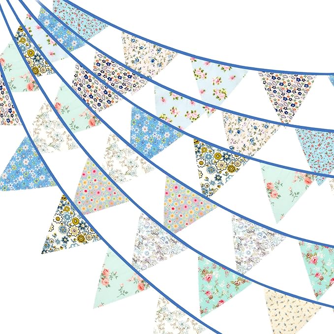 jijAcraft 39Ft Triangle Bunting Banner, 42Pcs Tea Floral Party Bunting Cotton Fabric Flags Pennant Garlands for Birthday Party, Wedding, Baby Shower, Outdoor and Home Decorations (Blue)