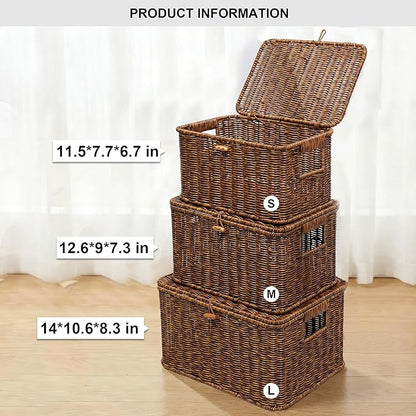 Nonam Wicker Storage Basket with Lid, Large Shelf Baskets for Boho Decor, Plastic Basket, Lidded Home Storage Bins - Stackable Containers Boxes for Organizing - Brown