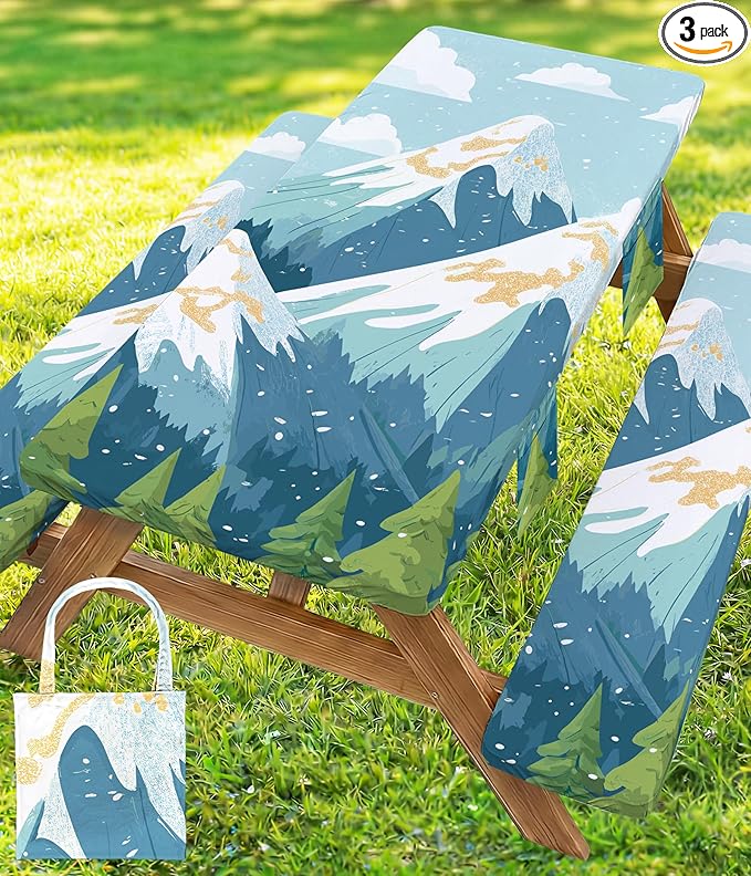 Picnic Table Cover with Bench Covers Waterproof Vinyl Elastic Rectangle Fitted Table Cloth Camping Lovers Essentials Rv Car Travel Overlanding Outdoor Roadtrip Road Trip Men Women Camper Gifts 6 Foot