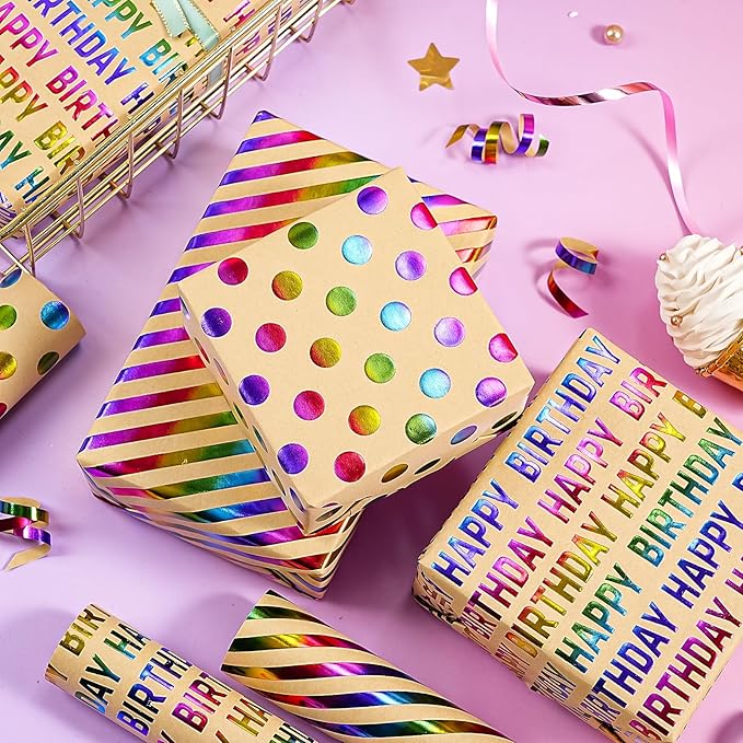 WRAPAHOLIC Kraft Birthday Wrapping Paper Roll - 3 Mini Rolls - 17 Inch x 120 Inch Per Roll - Rainbow Foi Happy Birthday Wrapping Paper for Boys Girls Kids, Baby Shower