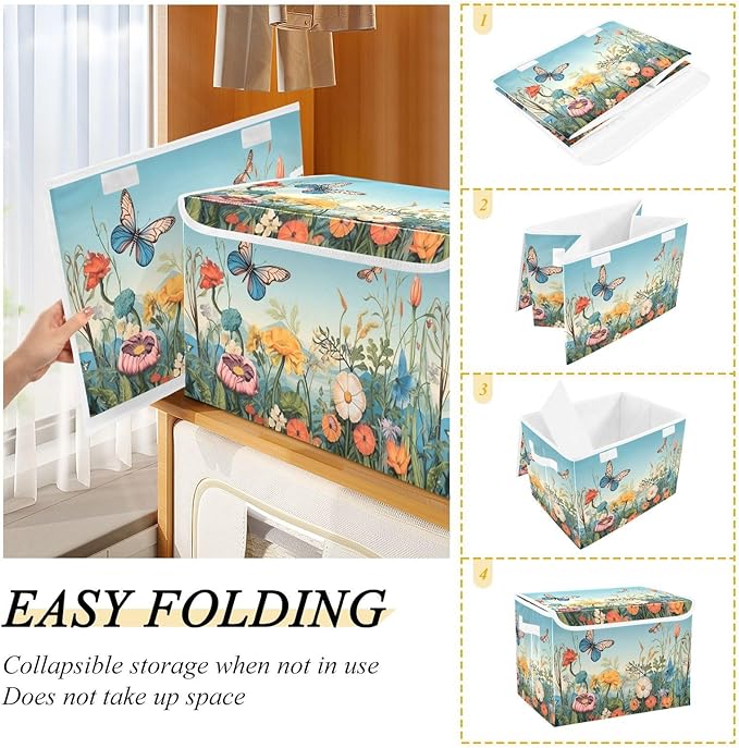 Colorful Flower Pattern Storage Bins with Lids and Carrying Handle,Foldable Storage Boxes Organizer Containers Baskets Cube with Cover for Home Bedroom Closet Office