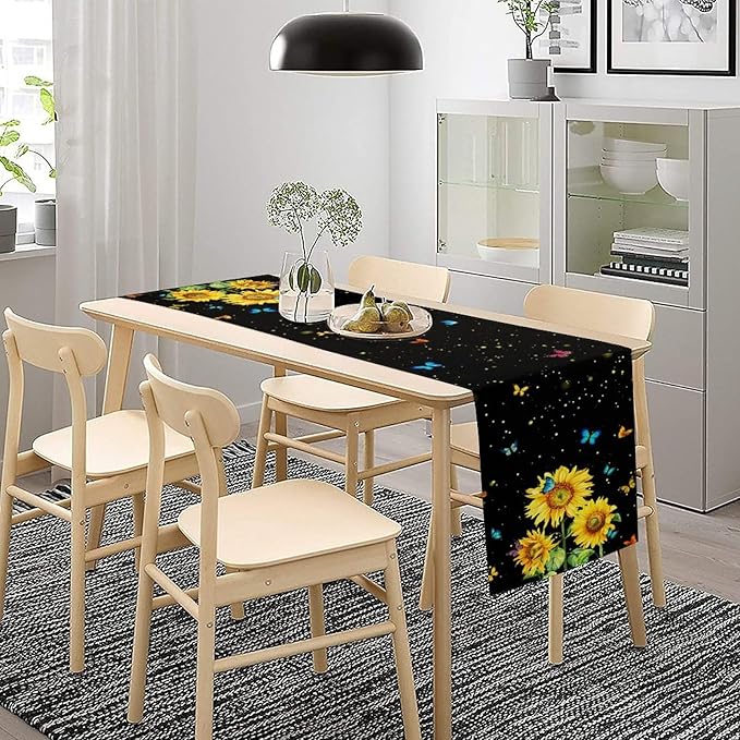 Farmhouse Sunflower Table Runner, Black Starry Spring Yellow Flowers Botanical Butterfly Table Runners for Dining Kitchen Holiday Party Table Decor, 13x36inch