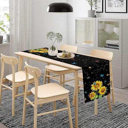 Farmhouse Sunflower Table Runner, Black Starry Spring Yellow Flowers Botanical Butterfly Table Runners for Dining Kitchen Holiday Party Table Decor, 13x36inch