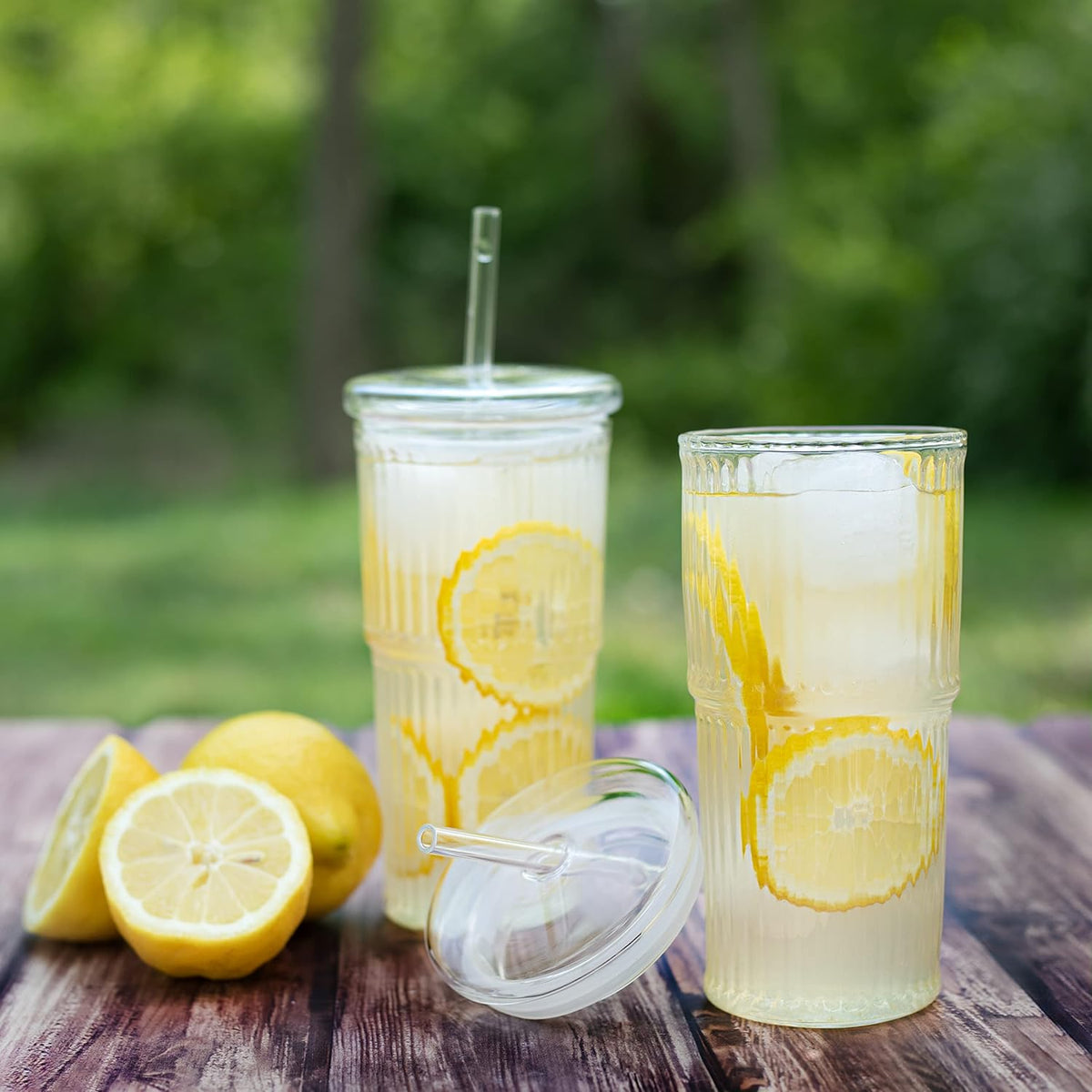 All Glass Iced Coffee Cup with Lid and Straw, Ribbed Glass Tumbler Set of 2 (22 oz ribbed)