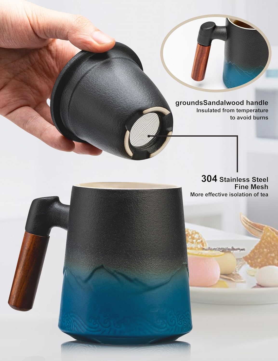 suyika Tea Cup with Infuser and Lid, 15.2 Ounce Wood Handle Ceramic Loose Leaf Mug Gradient Black&Blue 450ml