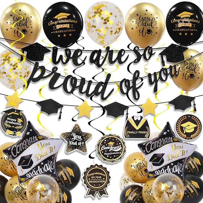 Graduation Decorations Class of 2026, Black and Gold Graduation Balloons with Hanging Swirl, We are So Proud of You Banner, Congrats Grad Garland Party Supplies