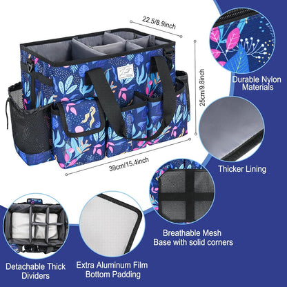 Cleaning Organizer, Large Caddy Bag for Supplies, Housekeeper's Bag with Handle (Blue Leaf)
