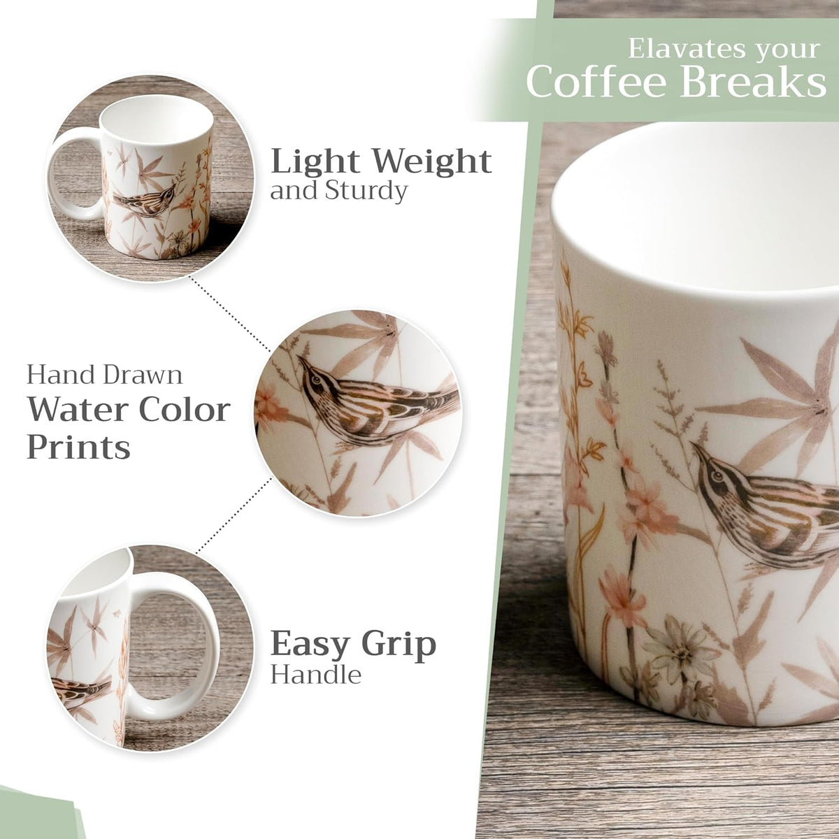 Maison d' Hermine Coffee Mug with Handles Fine Bone China Mugs Pack of One Tea Cups for Hot Beverages Cappuccino Latte Home Office Perfect for Gift (Meadow Florals - Beige Meadow Mornings, 12 Ounce)