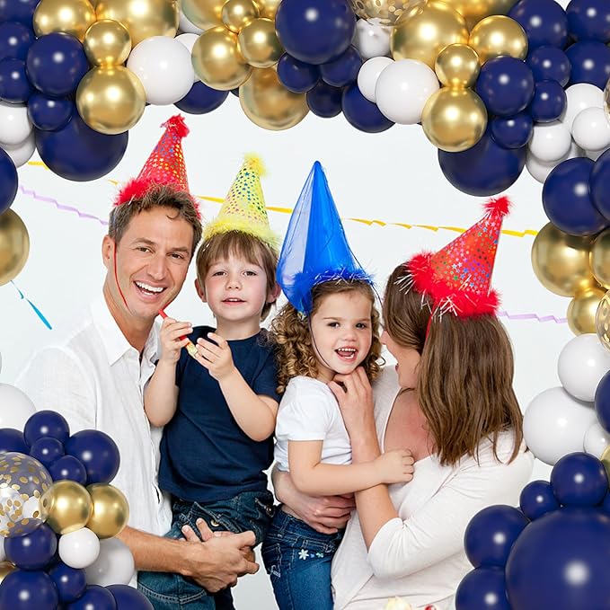 Ouddy Life 142pcs Navy Blue and Gold Balloons Garland Arch Kit, Class of 2026 Decorations Graduation Royal Blue Balloon Gold White Confetti Balloons Foil Crown for College Baby Shower Birthday Party