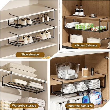 Expandable Hanging Shoe Rack Organizer for Closet, Adjustable Shoe Rack Under Cabinet Shelf, Versatile Under Shelf Storage for Kitchen, Book, Clothing Storage and Organization(Black,4PCS)