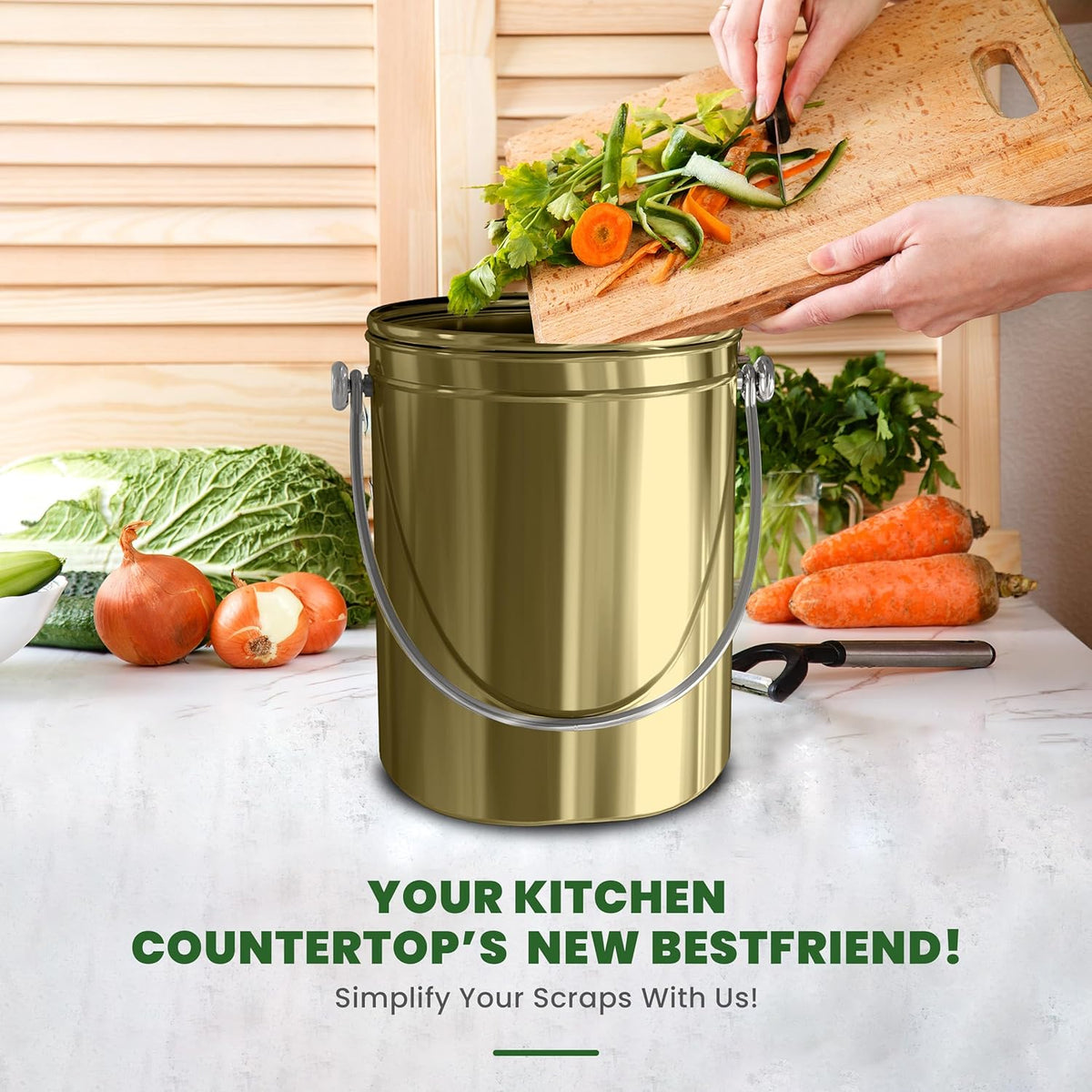 Utopia Kitchen Compost Bin for Kitchen Countertop - 1.3 Gallon Compost Bucket for Kitchen with Lid - Includes 1 Spare Charcoal Filter (Gold)