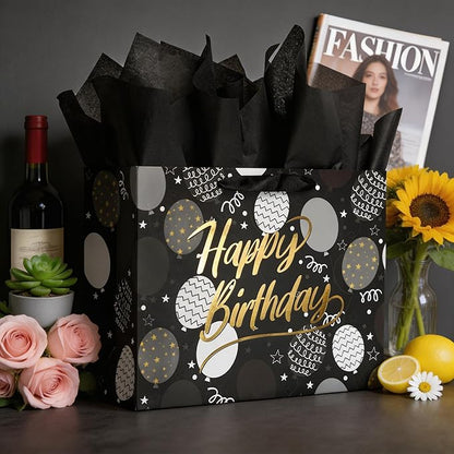 Bobobag 13" Black Birthday Gift Bag with Tissue Paper and Greeting Card for Men, Gift Ideals for Adults, Boys and Kids