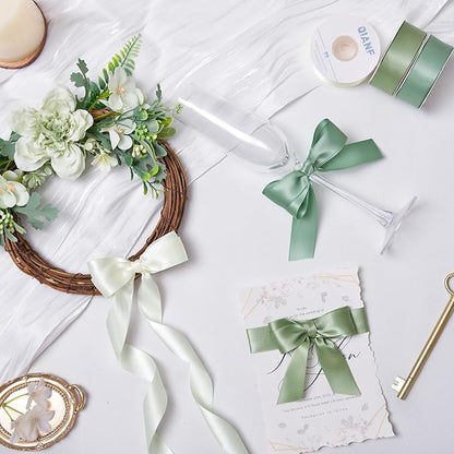 QIANF Sage Green Double Face Satin Ribbon 1 Inch x 45 Yards Moss Green Cream Fabric Ribbon for Gift Wrapping, Flower Bouquets Bows Making, Wedding Decoration, Invitations, Christmas (3 Rolls *15Yd)