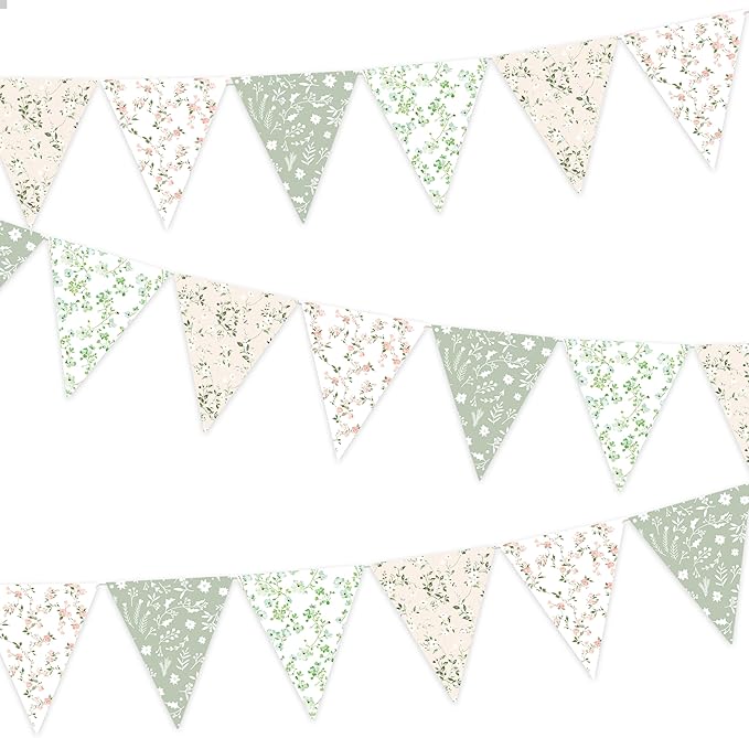 3pcs Sage Green Floral Triangle Bunting Banners Garland, Boho Wildflower Pennant Flags for Baby Shower Bridal Shower Wedding Birthday Party Garden Home Decor