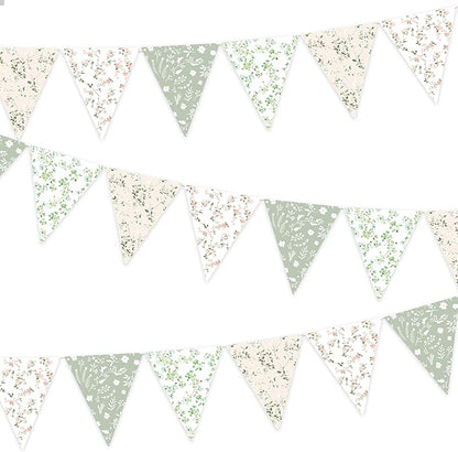 3pcs Sage Green Floral Triangle Bunting Banners Garland, Boho Wildflower Pennant Flags for Baby Shower Bridal Shower Wedding Birthday Party Garden Home Decor
