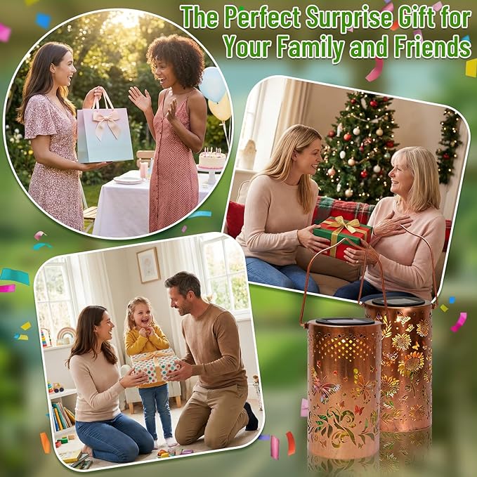 2 Pack Colorful Solar Lanterns Outdoor Waterproof - [Sunflower + Butterfly] - Decorative Outdoor Solar Hanging Lanterns for Porch Courtyard Table Path Garden Decor, Gifts for Mom Wife Grandma Women