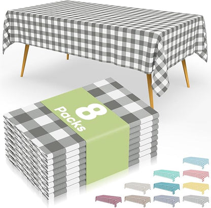 Smiry 8 Packs Gingham Disposable Table Cloth, 54 x 108 Inch Waterproof Plastic Tablecloth, Rectangle Grey and White Checkered Table Covers for Party, Birthday, Picnic, Banquet