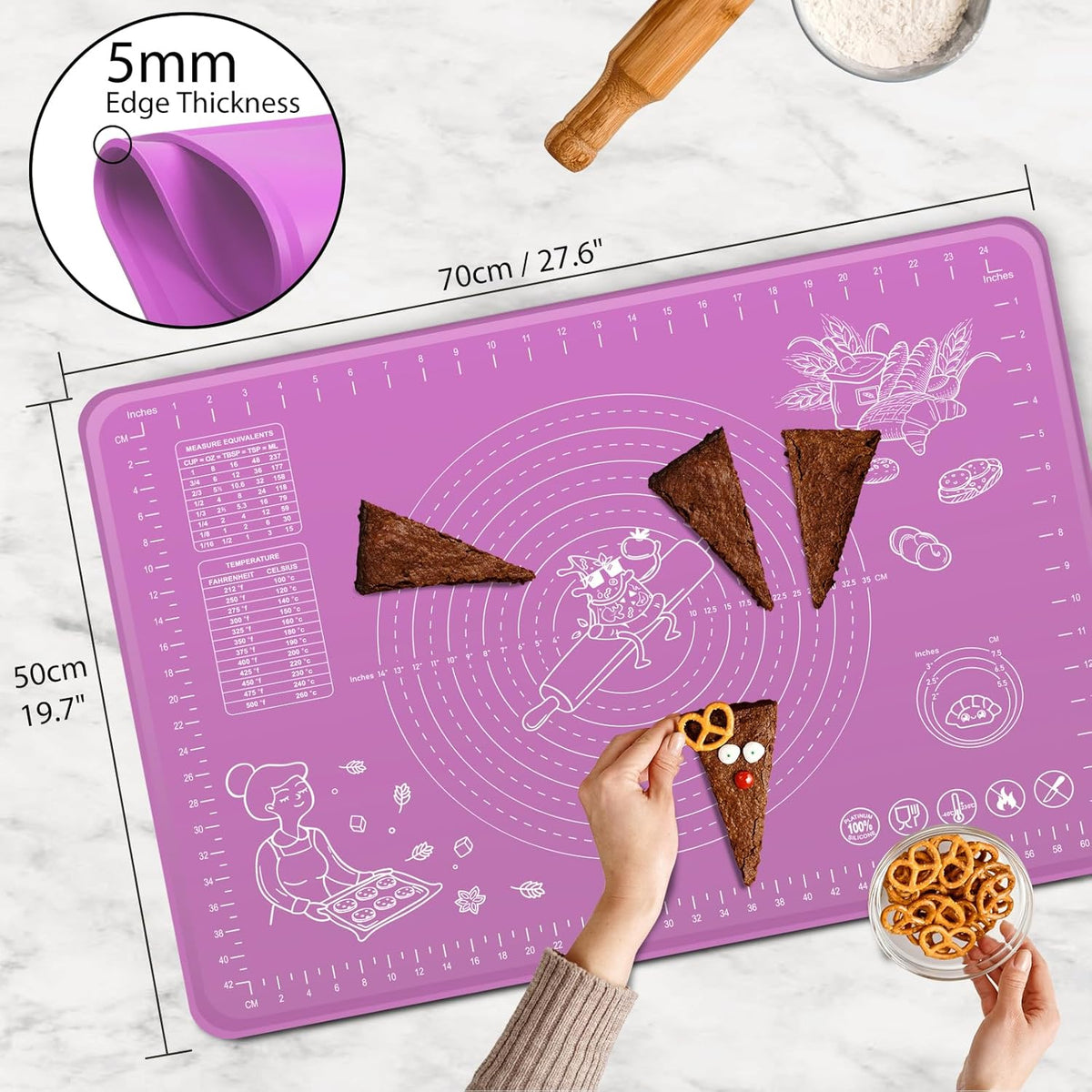 Silicone Baking Mat 28" x 20" Extra Thickness Dough Rolling Mat with Measurements and Edge Heightening
