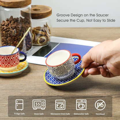 Selamica Ceramic Cappuccino Cups with Saucers and Metal Stand, 8 OZ Stackable Espresso Coffee Cups for Coffee, Latte, Americano, Tea, Set of 4