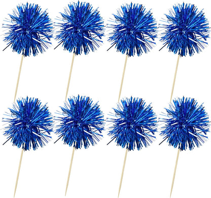Ephlyn 30Pcs Foil Firework Cupcake Toppers Sparkles Fireworks Sticks Birthday Decorations Sparkle Tinsel Cocktail Fruit Toothpick for Birthday Wedding Graduation Party Cake Decorations Blue
