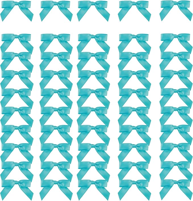 Meseey 100 Pcs 1.5 Inches Pretied Premade Craft Bows with Twist Tie Self Adhesive Satin Ribbon Bows for Treat Bags Gift Wrapping Basket Wedding Baby Shower Brithday Party (Turquoise Blue)