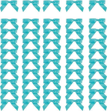 Meseey 100 Pcs 1.5 Inches Pretied Premade Craft Bows with Twist Tie Self Adhesive Satin Ribbon Bows for Treat Bags Gift Wrapping Basket Wedding Baby Shower Brithday Party (Turquoise Blue)