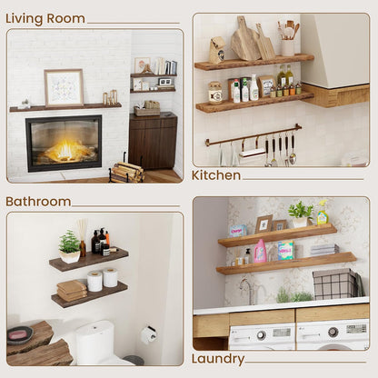 Floating Shelves for Wall Decor, Rustic Solid Elm Wood Live Edge Floating Shelves Wall Mounted, Wall Shelves with Invisible Bracket for Living Room Bathroom Bedroom Kitchen, 32 Inch Set of 2, Walnut