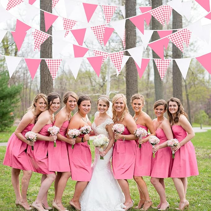 32Ft Hot Pink Plaid Checkered Pennant Banner Fabric Gingham Triangle Flag Bunting Garland Streamers for Wedding Birthday Baby Shower Party Home Nursery Outdoor Garden Hanging Festivals Decoration