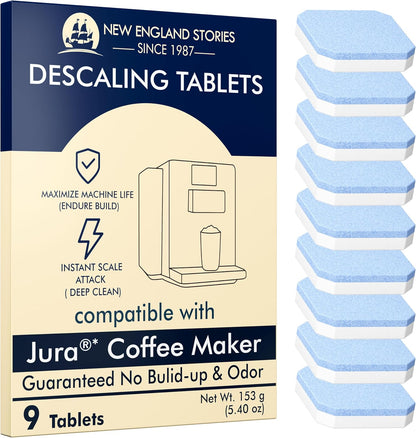 Jura Compatible Descaling Tablets (9-Pack) - Powerful Limescale & Calcium Remover for Coffee Machines, Prevents Clogs