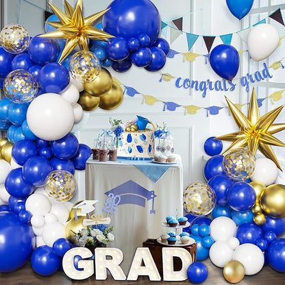 Blue White Gold Balloon Arch Kit Graduation Decorations 2026, 130Pcs Blue and White Balloons and Foil Star Balloon with Confetti Ribbons Grad Party Decorations for College High School Class of 2026