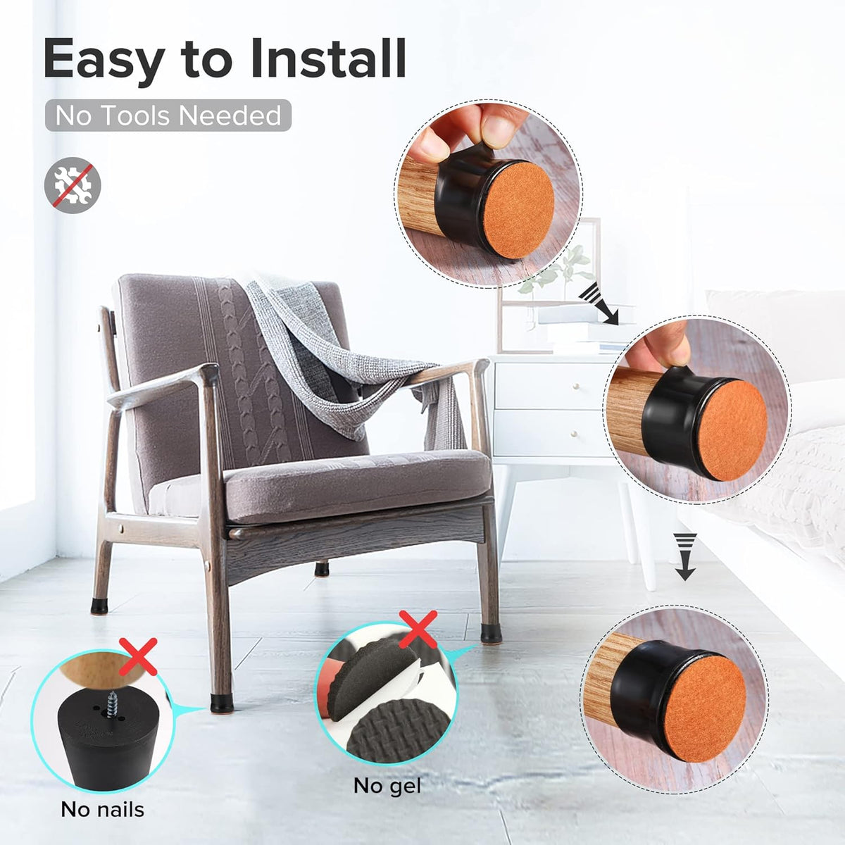 24PCS Upgraded Silicone Chair Leg Floor Protectors for Hardwood Floors, Furniture Sliders for Chair Legs, Felt Bottom Furniture Pads, Anti-Slip Round&Square Cap Covers to Scratch and Reduce Noise