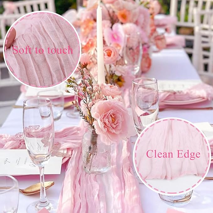 Pink Cheesecloth Table Runner 10FT Boho Rustic Sheer Cheese Cloth Table Runners 120 Inch Gauze Table Decorations for Wedding Bridal Baby Shower Birthday Party Home Decor