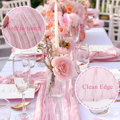 Pink Cheesecloth Table Runner 13.3FT Rustic Sheer Gauze Table Runners 157 Inch Boho Cheese Cloth Table Decorations for Wedding Party Spring Bridal Baby Shower Home Decor