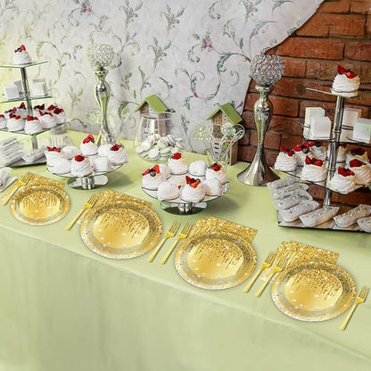 96 PCS Golden Birthday Party Decorations Tableware Set for Golden Themed Happy Birthday Supplies Diamond Gold Plates Napkins Forks for 24 Guests Men Women Anniversary Engagement Wedding Party Favors