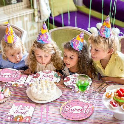 ZOIIWA 96 Pcs Two Sweet Donut Birthday Party Supplies Girls Donut Themed Tableware Table Decor Baby Girl 2nd Birthday Paper Plates Napkins Disposable Dinnerware Party Favor for Baby Shower 24 Guests