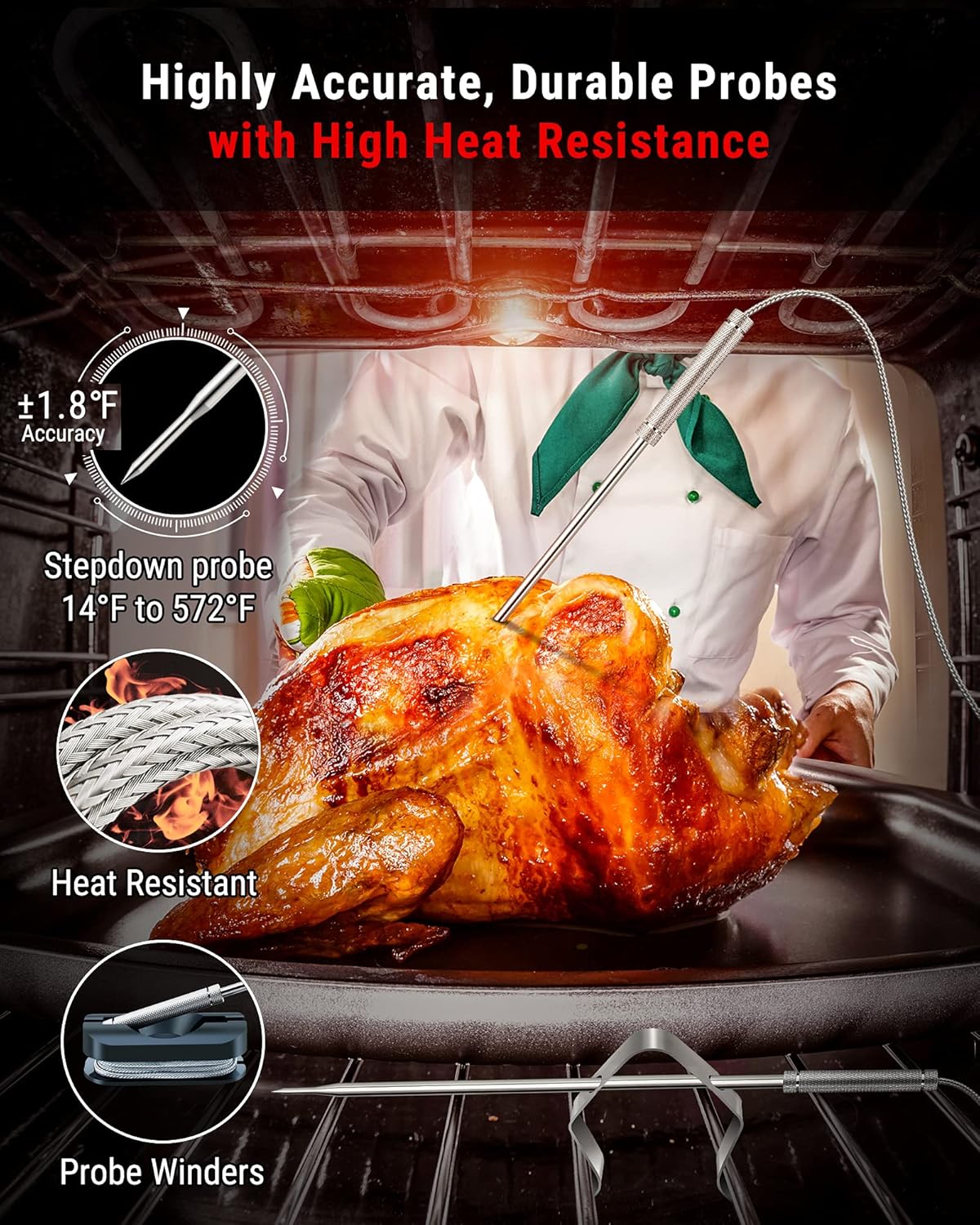 ThermoPro TP826 500FT Wireless Meat Thermometer, Dual Meat Probe Cooking Thermometer with HI/Low Alert, Food Grill Temperautre probe