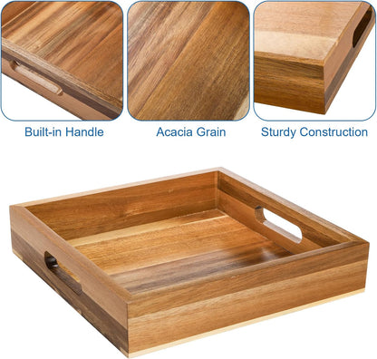 Youeon Set of 2 Acacia Wood Serving Tray with Handles, 10x10x2 Inch Decorative Serving Trays for Food, Ottoman Tray