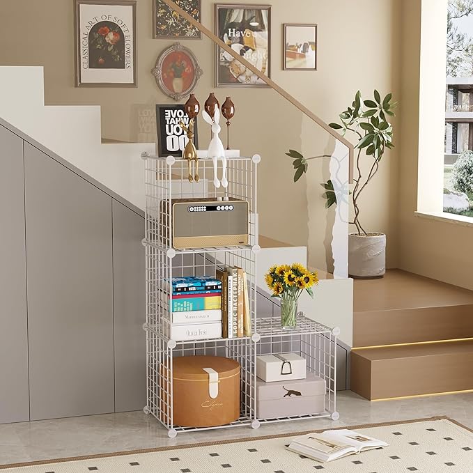 C&AHOME Wire Cube Storage, 4-Cube Storage Organizer Metal, C Grids Storage Bins Shelving, Modular Bookshelf Shelf, Closet Cabinet Ideal for Bedroom, Office 12.4”L x 24.8”W 36.6”H White UWCS3004W
