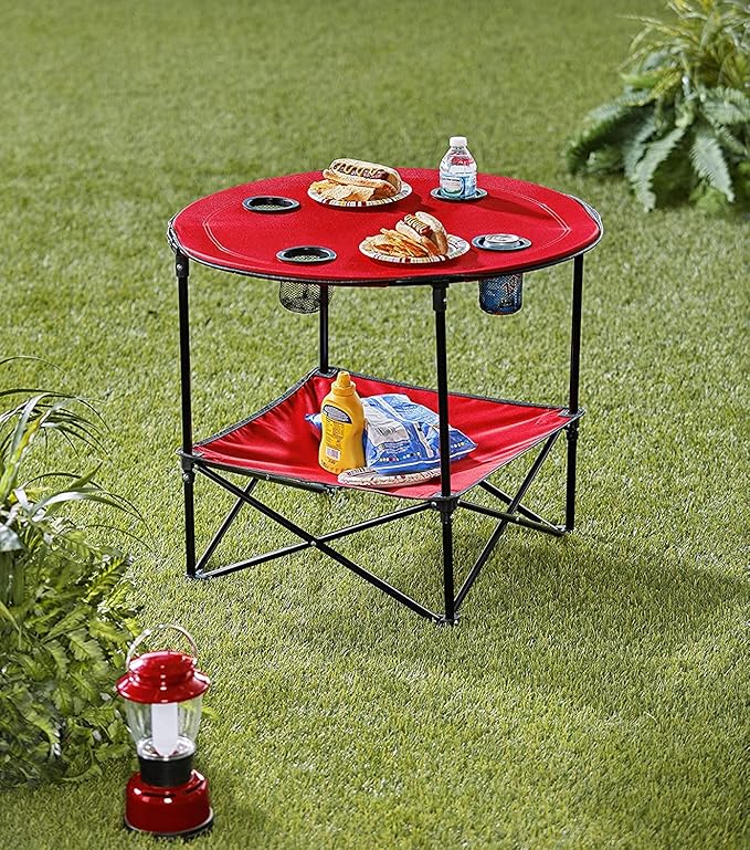 The Lakeside Collection Portable Folding Picnic Table with Shelf - Waterproof, Perfect for Outdoors - Red