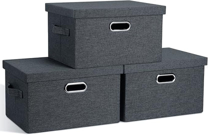 Graciadeco Medium 15" 21 Quart Collapsible Stackable Storage Bins with Lids, 3 Packs Dark Grey Foldable Fabric Closet Boxes Heavy-duty Linen Cube Baskets Container for Bedroom Office (15 x 11 x 8)