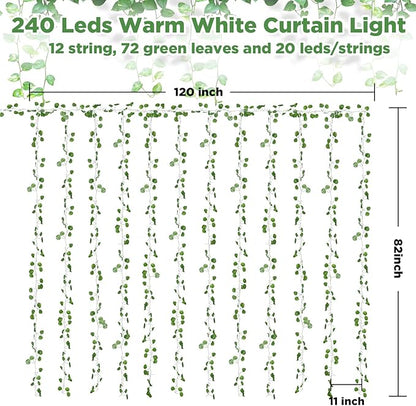 12 Pack Fake Vines Curtain String Light 240 LED 8 Mode & Timer Hanging Ivy Lights Vines for Bedroom Wall Hanging Garden Home Room Wedding Jungle Party Indoor Outdoor
