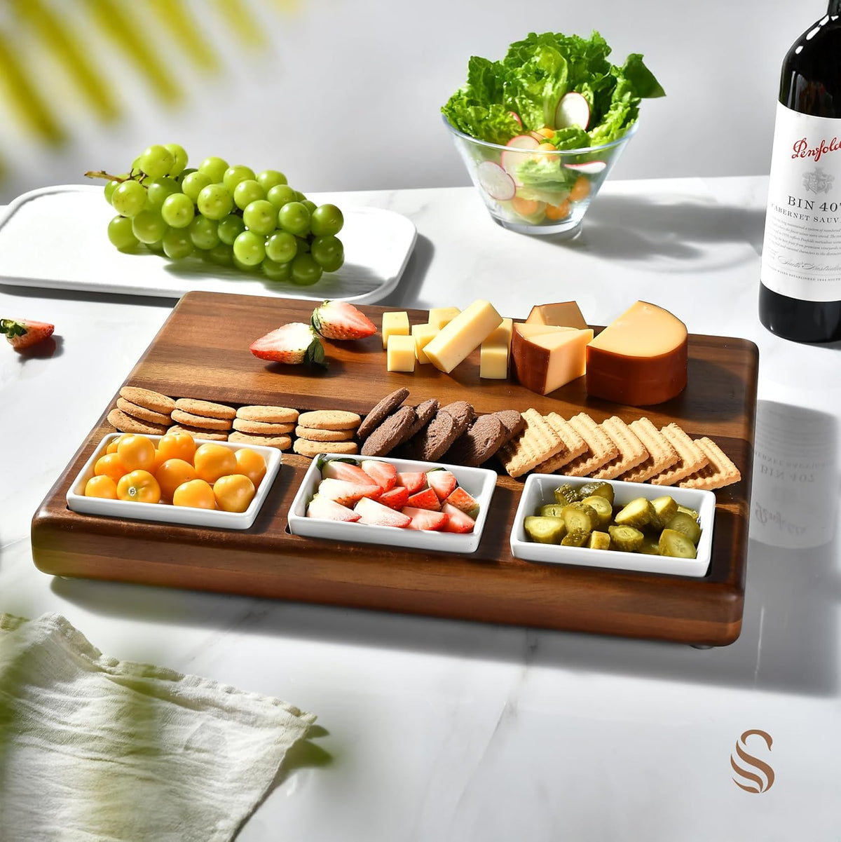 Shanik Large Acacia Wood Charcuterie Board Set with 3 Removable Ceramic Bowls & Serving Utensils - Housewarming, Wedding, Bridal Shower