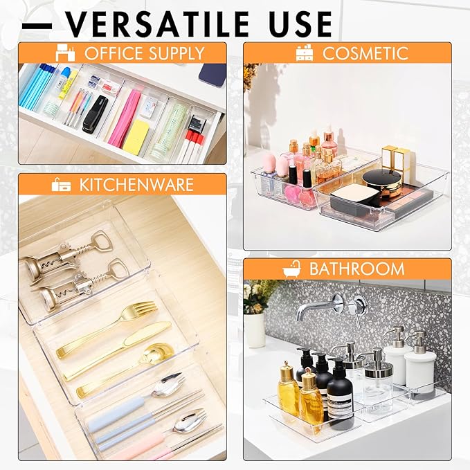 HOUSE DAY Desk Drawer Organizer Bins 6 PCS, 9*6*2" Clear Drawer Organizers with Silicone Pads, Vanity Organizers and Storage, Non Slip Plastic Drawer Organizer for Makeup, Bathroom, Kitchen, Office