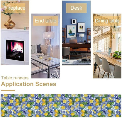 Tiles Lemon Table Runner Blue White Yellow Vintage Rustic Summer Fruit Chic Farmhouse Dining Table Decoration for Home Holiday Party Dresser Kitchen Cabin Restaurant Wedding Decor 13×90in