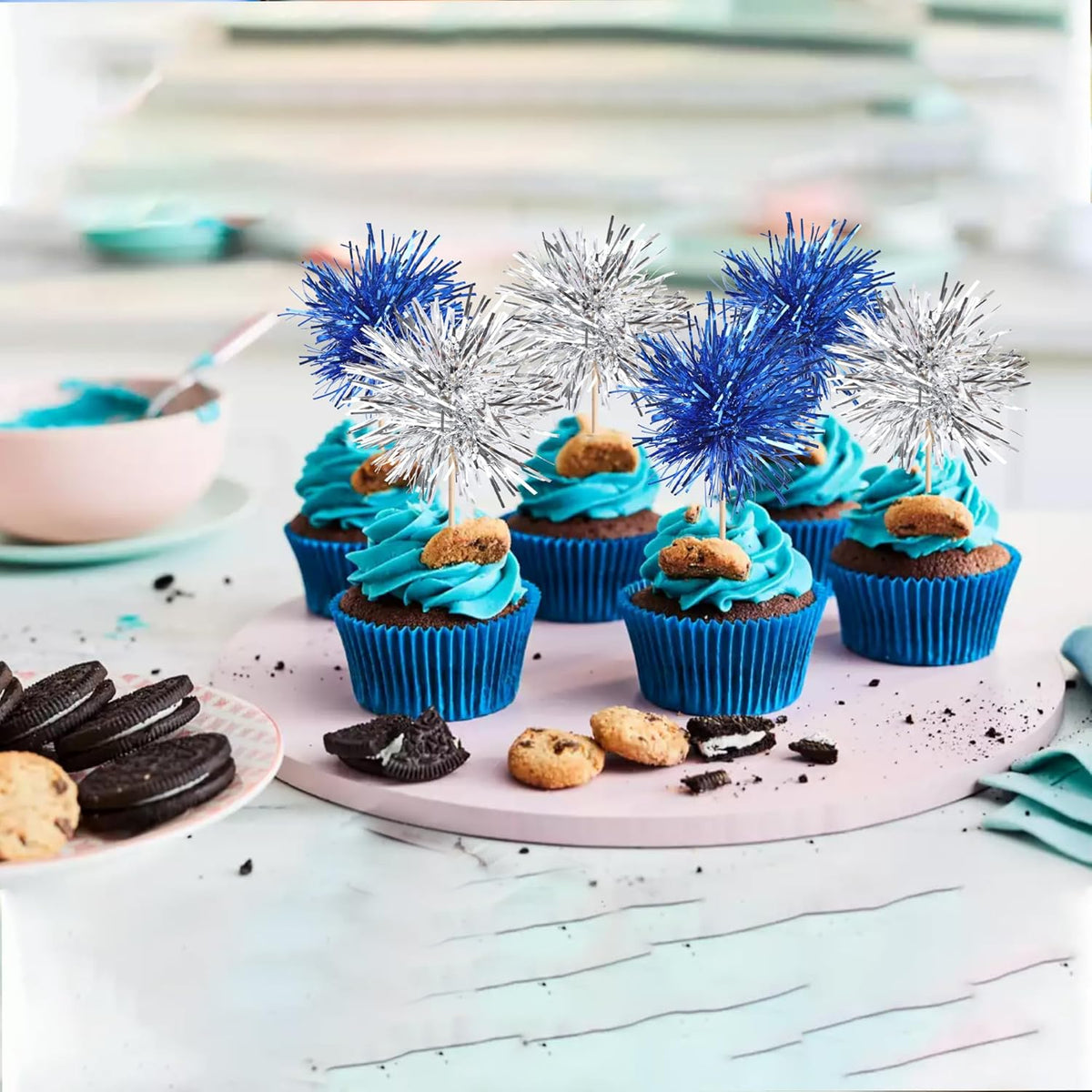 40 PCS Foil Firework Cupcake Toppers Sparkle Tinsel Cupcake Picks Fireworks Birthday Party Decorations Cocktail Fruit Toothpick for Birthday Wedding Graduation Party Decorations Supplies Silver Blue