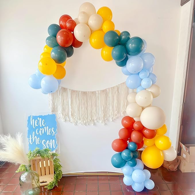 Here Comes the Son Balloon Arch Kit, Retro Blue Yellow Boho Balloon Garland with Mustard Yellow Pastel Blue Sand White Coffee Balloon for Fall Colorful Baby Shower First Birthday Party Decoration