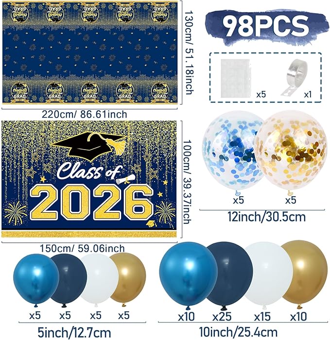 Graduation Decorations 2026, Blue and Gold Balloon Garland Arch, Navy Blue Graduation Decorations with Congrats Grad Tablecloth and Class of 2026 Backdrop for High School College Grad Party Supplies