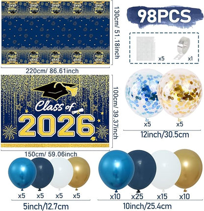 Graduation Decorations 2026, Blue and Gold Balloon Garland Arch, Navy Blue Graduation Decorations with Congrats Grad Tablecloth and Class of 2026 Backdrop for High School College Grad Party Supplies