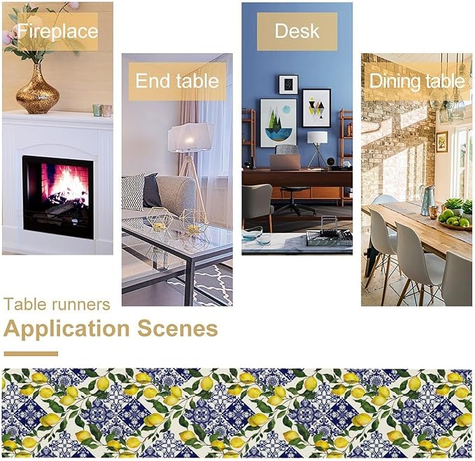Lemon Fruit Nature Table Runner Farmhouse Talavera Ethnic Folk Rustic Watercolor Blue Dining Table Decoration for Home Holiday Party Dresser Kitchen Cabin Restaurant Wedding Decor 13×70in
